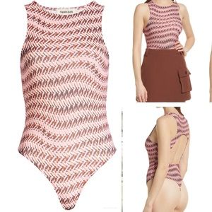 🆕 NWT Open Edit Crewneck Open Back Bodysuit | Geometric Pink Print